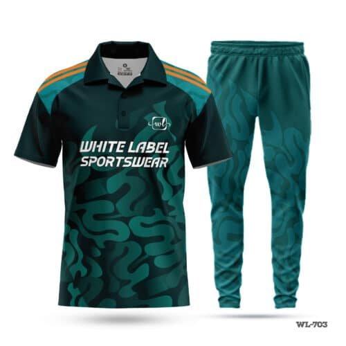 Half Sleeve Custom Polo Green Cricket Uniform-WL-703; cricket kit; All Over Printed Cricket Uniform; Unique Design Cricket Uniform; Unique Design Cricket Uniform for Man; with; Logo; cricket kits; cricket full kit; custom cricket kit; youth cricket kit; custom cricket uniforms;