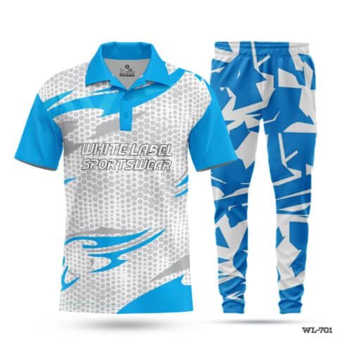 Half Sleeve Customized White Blue Cricket Uniforms-WL-701; cricket kit; All Over Printed Cricket Uniform; Unique Design Cricket Uniform; Unique Design Cricket Uniform for Man; with; Logo; cricket kits; custom cricket kit; youth cricket kit; custom cricket uniforms;