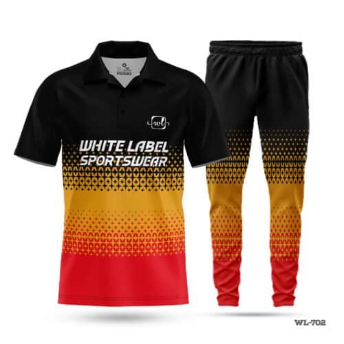 Half Sleeve Zipper Polo Black Red Cricket Uniforms-WL-702; cricket kit; All Over Printed Cricket Uniform; Unique Design Cricket Uniform; with; Logo; cricket kits; kits for cricket; adult cricket kit; cricket full kit; custom cricket kit; youth cricket kit; custom cricket uniforms;