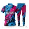 Half Sleeve Zipper Polo Blue Pink Cricket Uniform-WL-741; cricket kit; All Over Printed Cricket Uniform; Unique Design Cricket Uniform; Unique Design Cricket Uniform for Man; with; Logo; cricket kits; adult cricket kit; custom cricket kit; youth cricket kit; custom cricket uniforms;