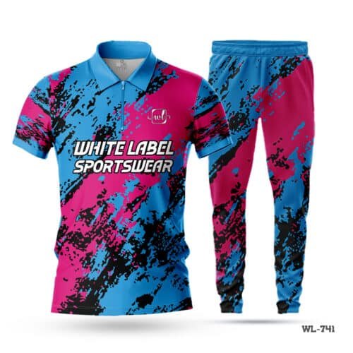 Half Sleeve Zipper Polo Blue Pink Cricket Uniform-WL-741; cricket kit; All Over Printed Cricket Uniform; Unique Design Cricket Uniform; Unique Design Cricket Uniform for Man; with; Logo; cricket kits; adult cricket kit; custom cricket kit; youth cricket kit; custom cricket uniforms;