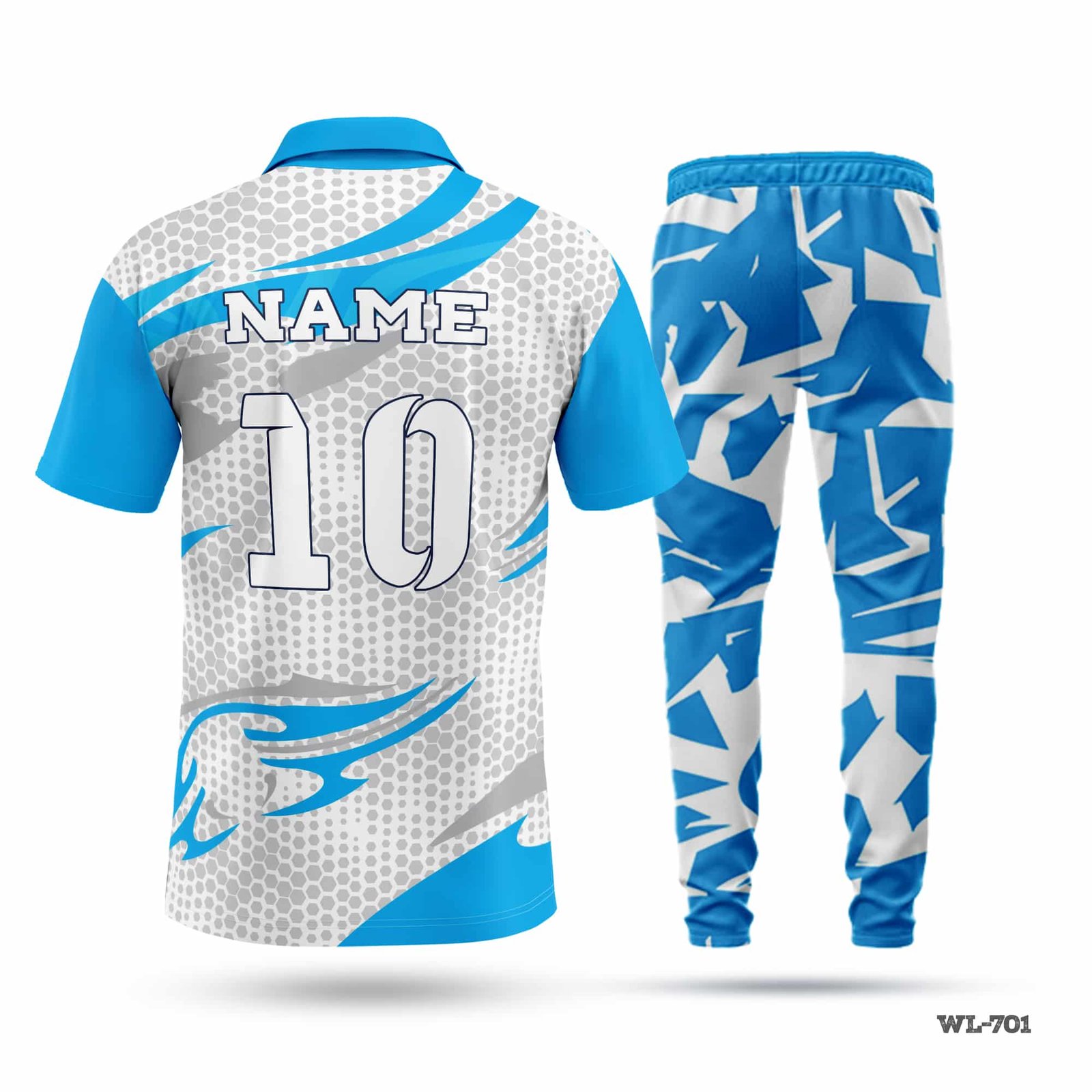 Half Sleeve Customized White Blue Cricket Uniforms-WL-701 4 White Blue Cricket Uniforms Maker in UK; cricket kit; All Over Printed Cricket Uniform; Unique Design Cricket Uniform; with; Logo; cricket kits; kits for cricket; full cricket kit; adult cricket kit; cricket full kit; youth cricket kit; custom cricket uniforms;